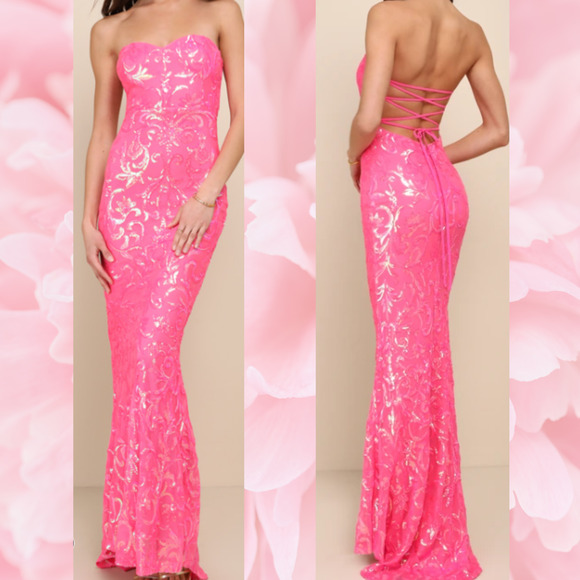 LULU'S S Glam Aura Hot Pink Iridescent Sequin Strapless Bodycon Maxi Dress B20 - Picture 1 of 8